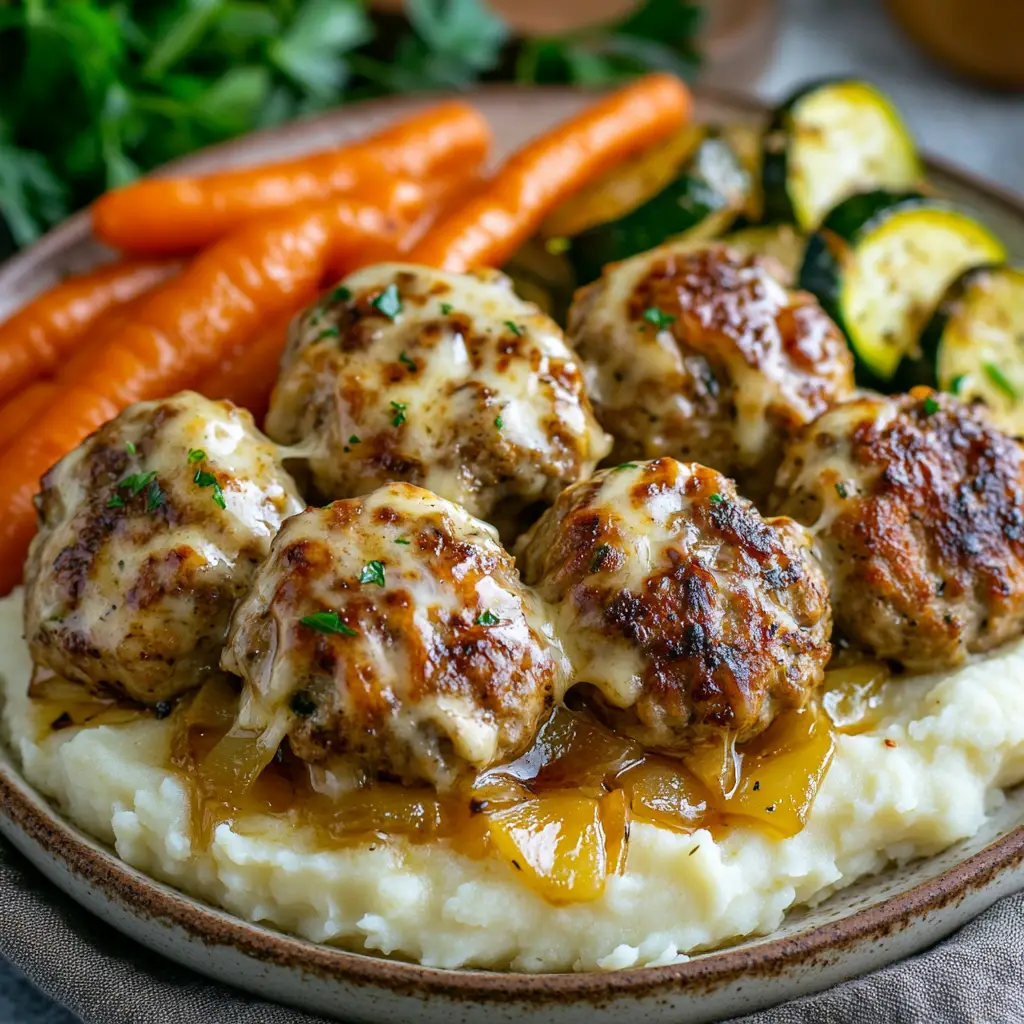 close-up-french-onion-chicken-meatballs French Onion Chicken Meatballs with melted cheese