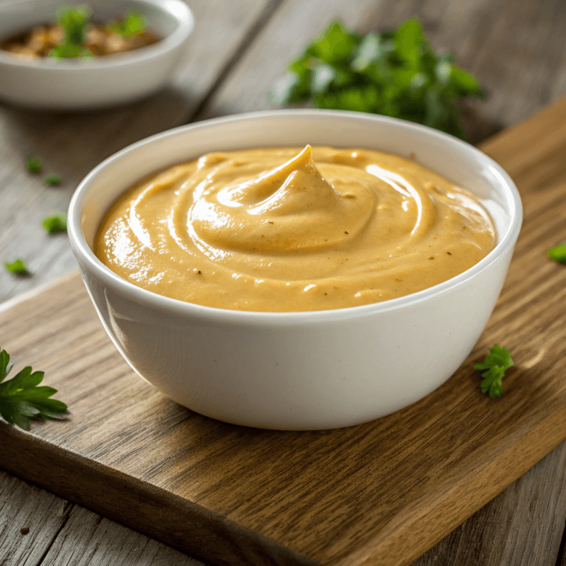 Close-up of a creamy soup served in a bowl, with a smooth, velvety texture and a rich, light color. The soup is garnished with a sprinkle of herbs or spices, and possibly some additional toppings, showcasing a comforting and indulgent dish