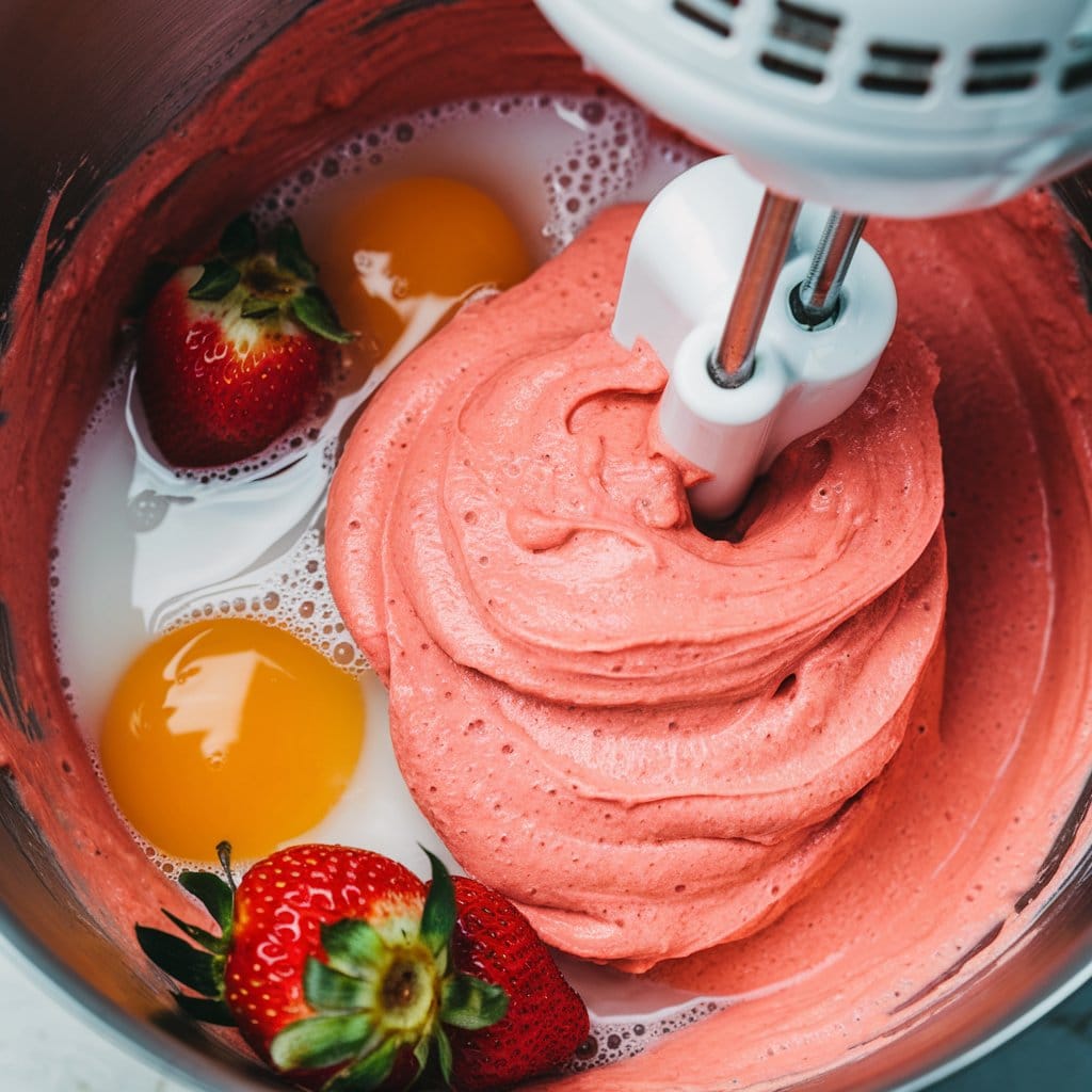 A shot of the cake batter being poured into a baking pan, showing the mixture flowing smoothly