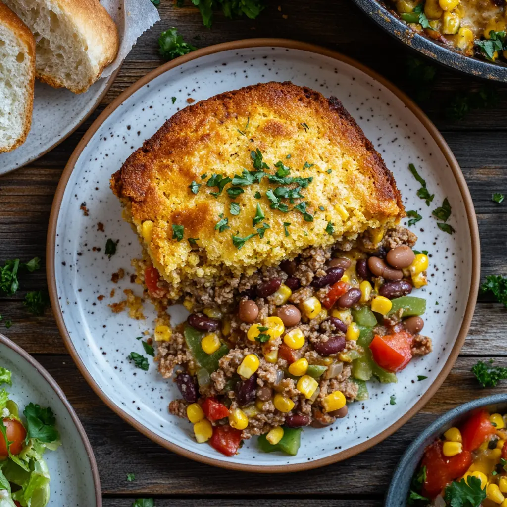 A hearty serving of cowboy cornbread casserole with ground meat, veggies, and cornbread, served with a side salad