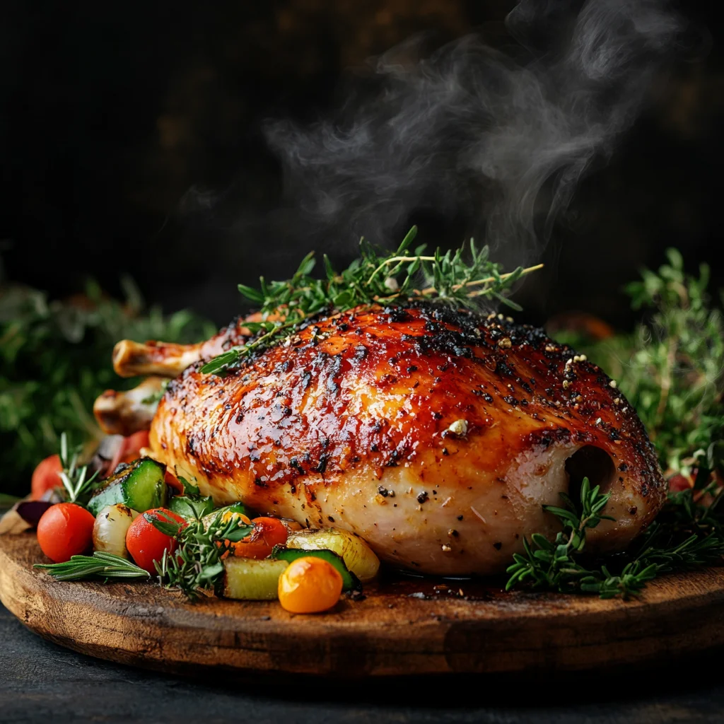 A beautifully cooked smoked turkey breast served on a wooden platter, garnished with fresh herbs and vegetables, with smoke curls rising in the background