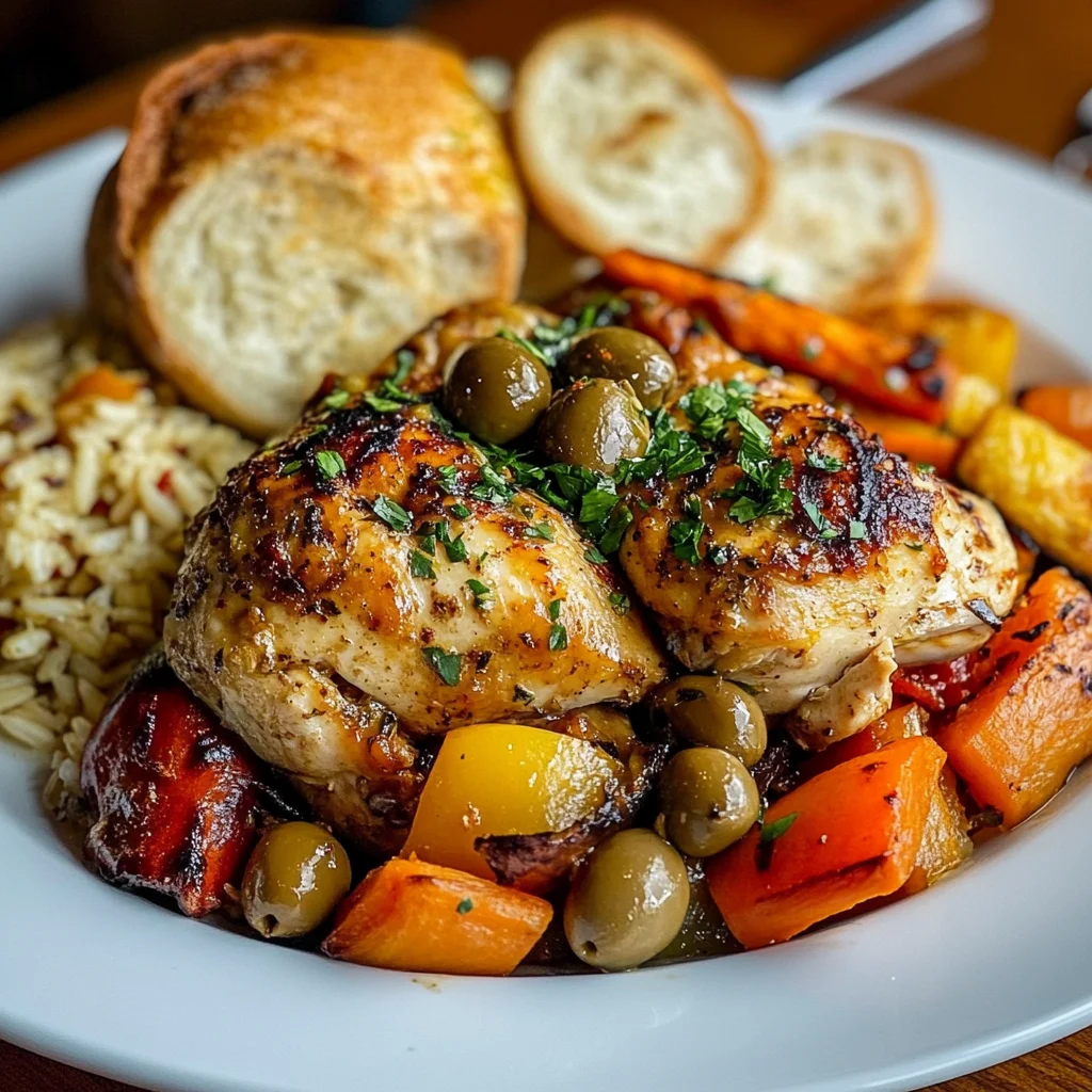 A beautifully plated Chicken Marbella with side dishes of roasted vegetables, rice pilaf, and crusty bread