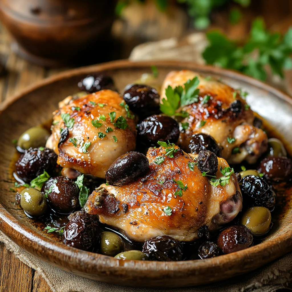 A beautifully plated dish of Chicken Marbella featuring golden-brown chicken thighs, surrounded by glossy prunes, olives, and capers, with a background of rustic wooden tableware.