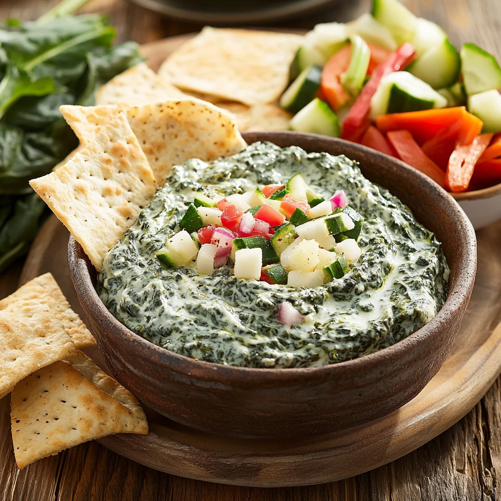 Spinach dip with Knorr vegetable served with pita chips, crackers, and fresh veggies for dipping