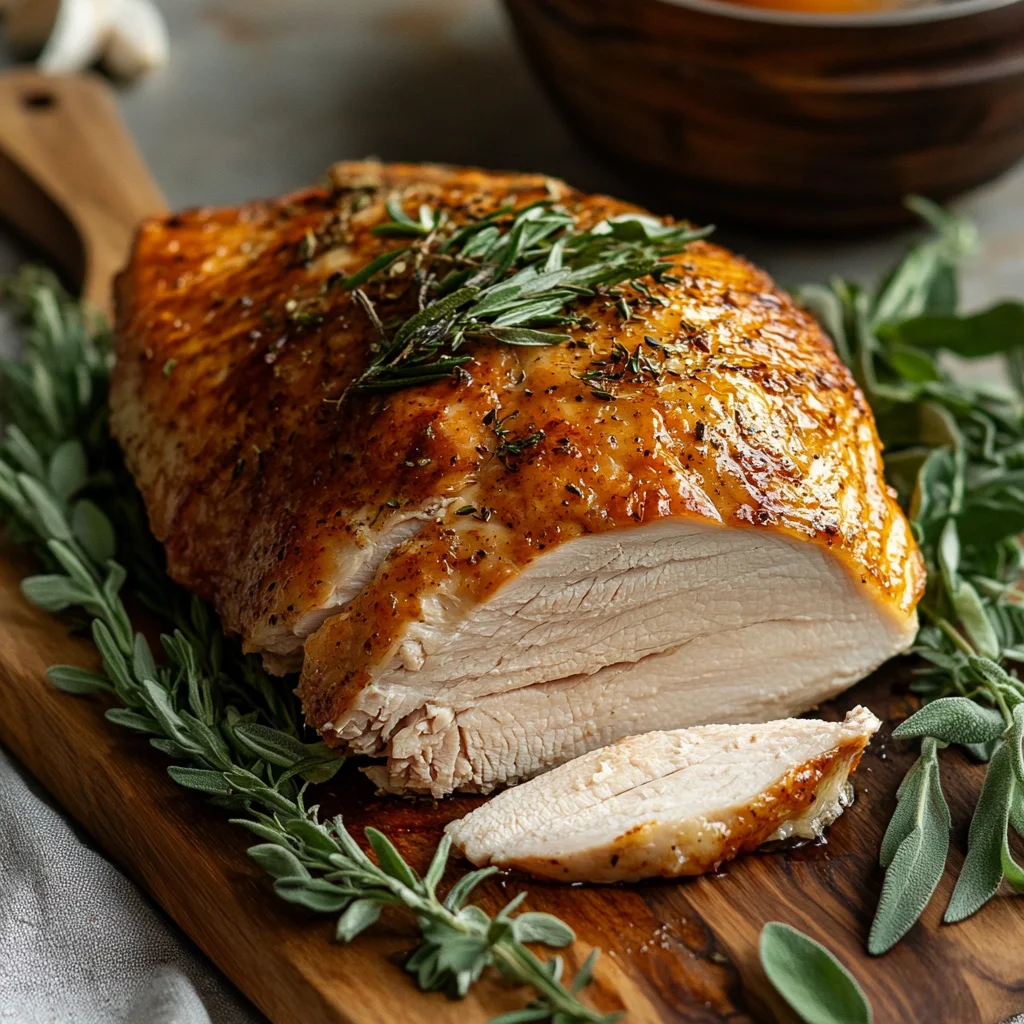 A golden-brown smoked turkey breast with crispy skin resting on a cutting board, surrounded by fresh herbs. The tender, juicy interior is sliced, and smoke rises in the background