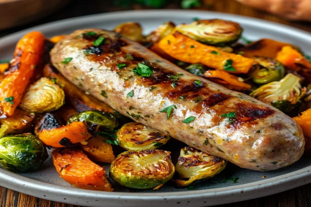 A close-up of a grilled chicken apple sausage on a rustic plate, surrounded by roasted vegetables like sweet potatoes, carrots, and Brussels sprouts, garnished with fresh herbs