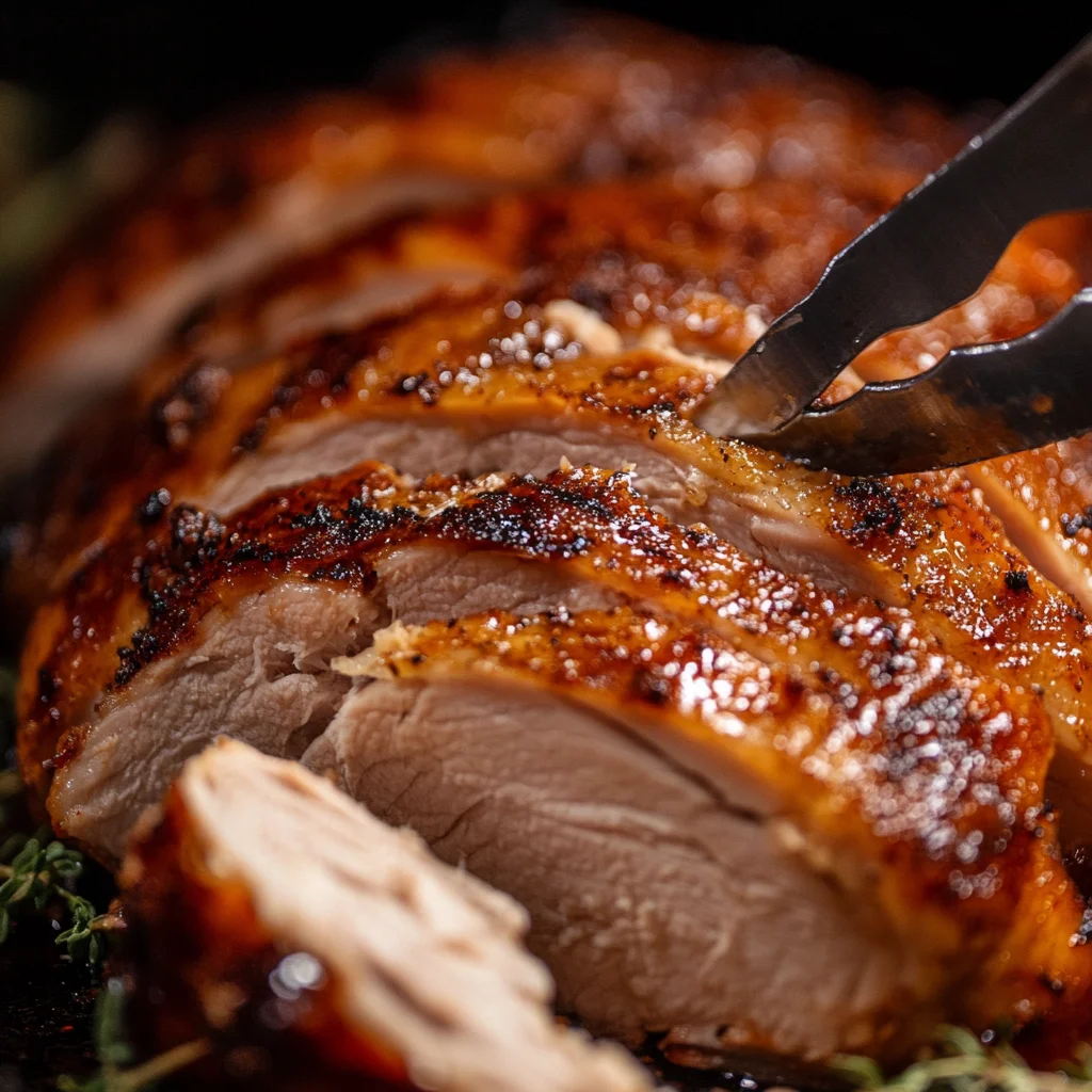 A close-up of a juicy smoked turkey breast being sliced, showing the tender, moist interior with a visible smoke ring