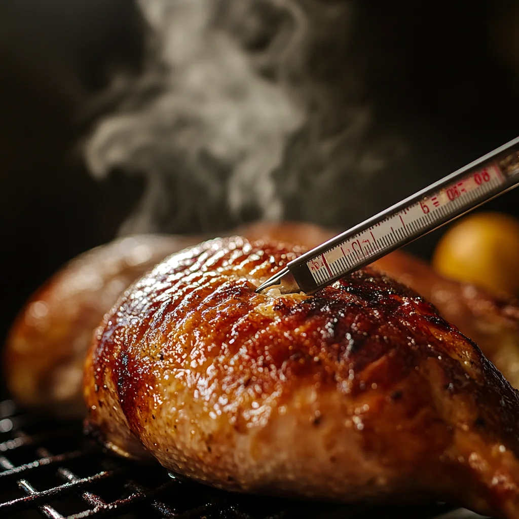 Close-up of a meat thermometer inserted into a smoked turkey breast, with smoke in the background. The thermometer clearly displays the ideal internal temperature for perfectly cooked turkey