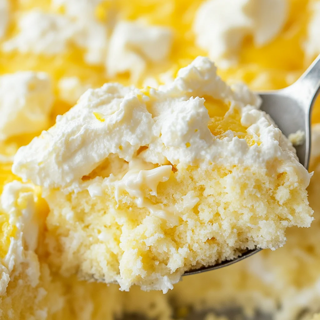 A close-up of the lemon cream cheese dump cake layers, showing the creamy cream cheese pockets, yellow cake mix, and bright lemon filling, with a spoon gently scooping a piece