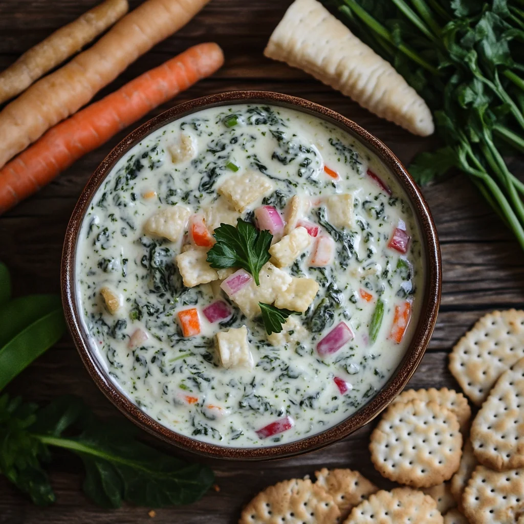 Delicious spinach dip with Knorr vegetable served with crackers and fresh veggies, perfect for parties