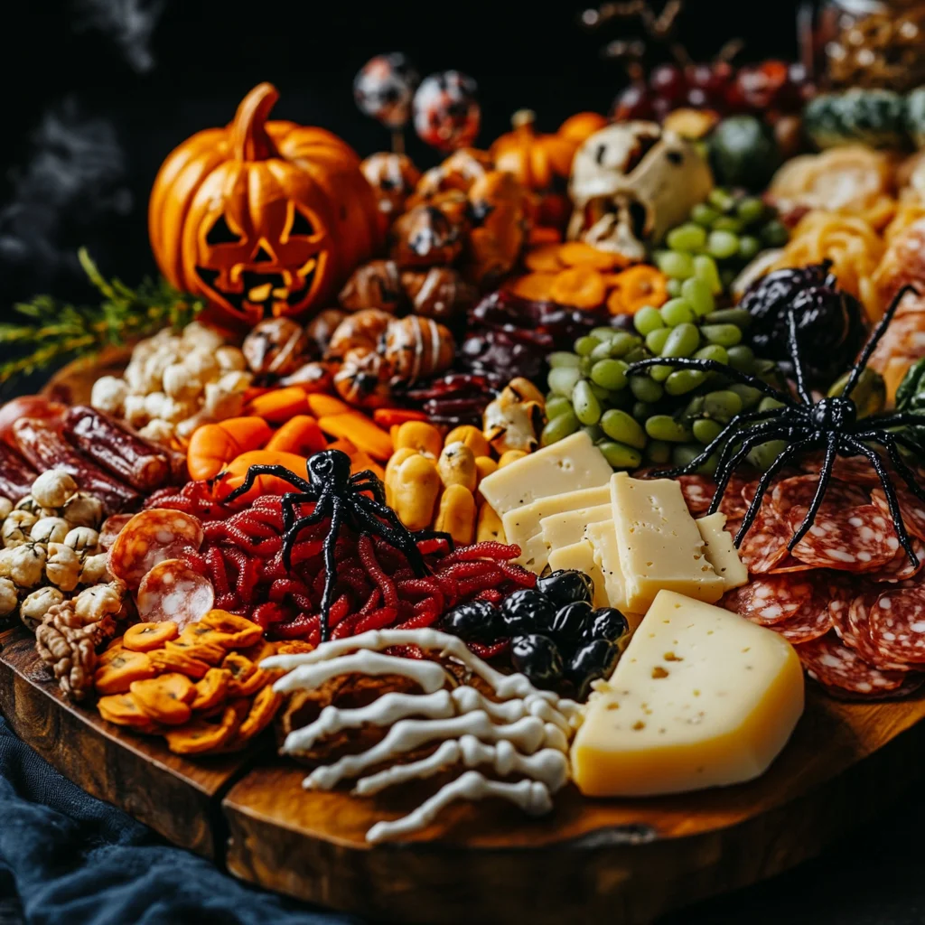 A creative Halloween-themed spooky charcuterie board with meats, cheeses, fruits, and decorations like mini pumpkins, spider-shaped cheese, and Halloween treats