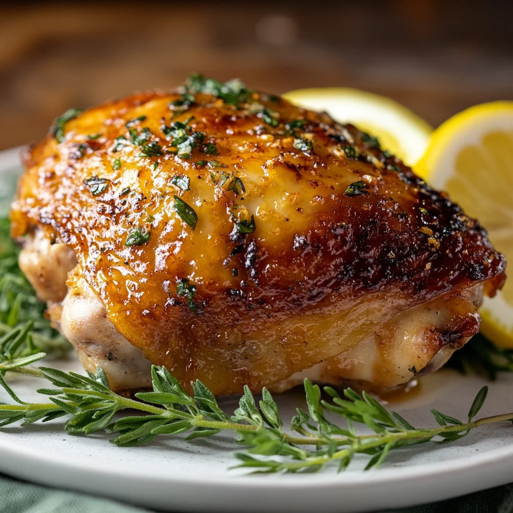 A beautifully broiled chicken thigh with crispy skin, garnished with fresh herbs and lemon slices, showing a golden-brown finish and juicy interior