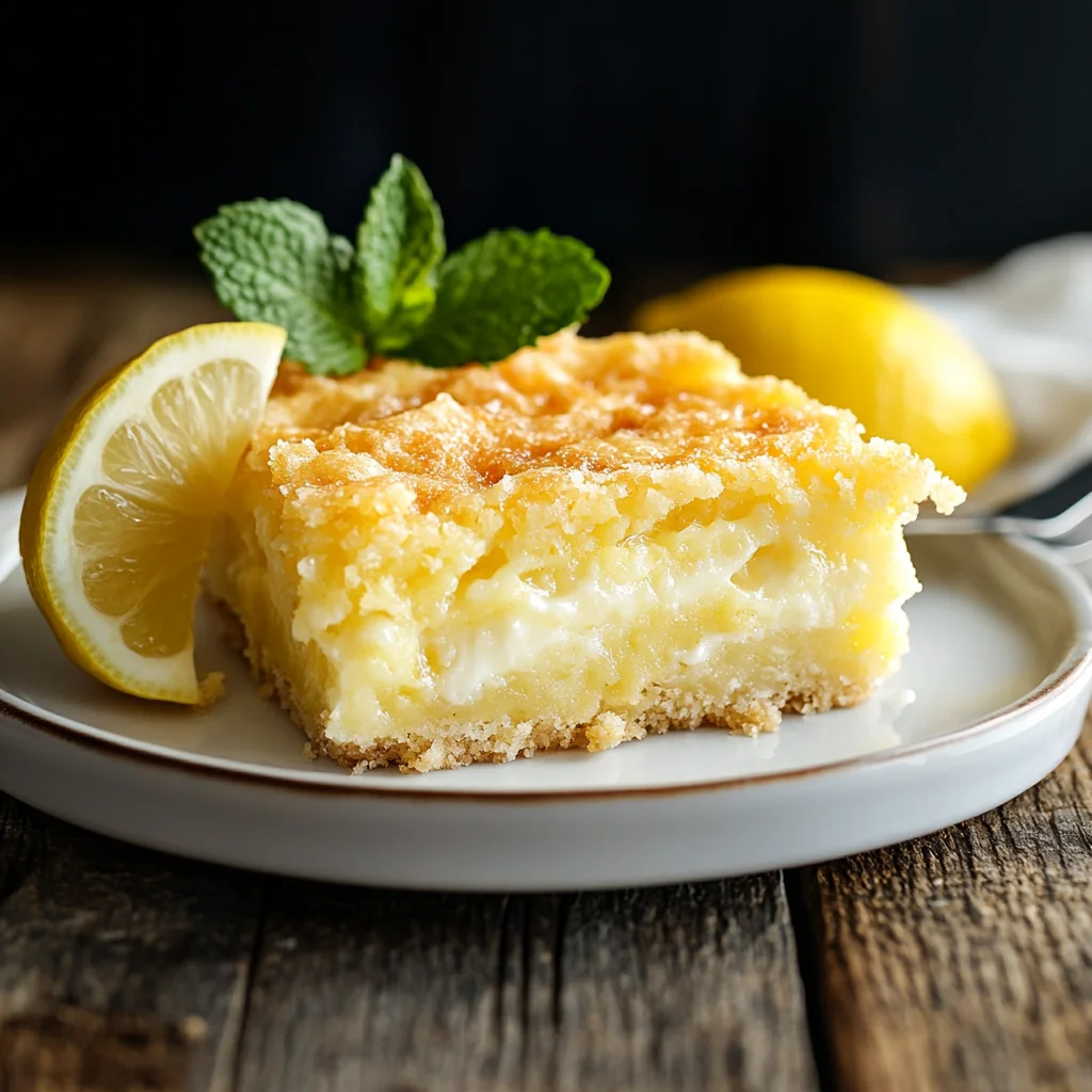 A delicious slice of lemon cream cheese dump cake with a golden, slightly crispy top, served on a white plate, with a lemon wedge and mint garnish on the side, set on a rustic wooden table