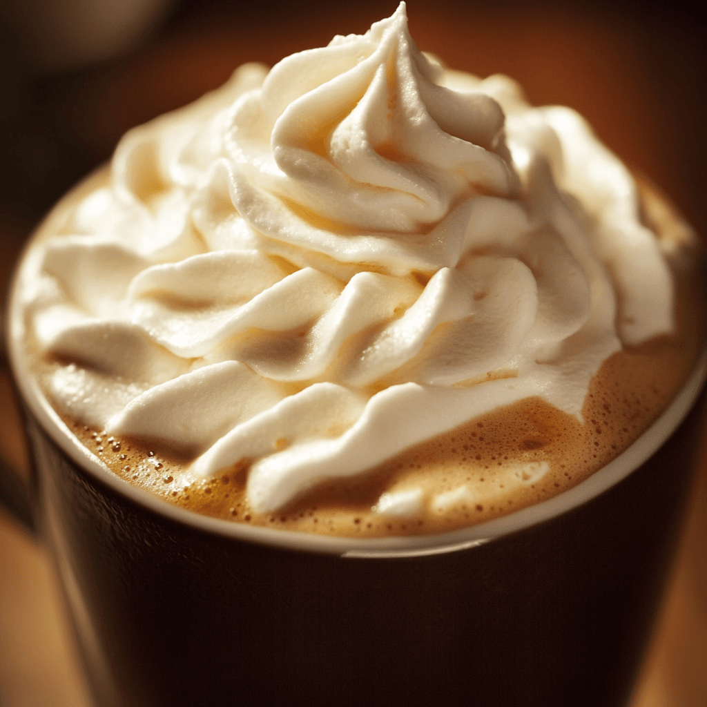 Close-up shot of coffee whipped cream topping on a hot espresso drink, showcasing the creamy texture and rich coffee flavor