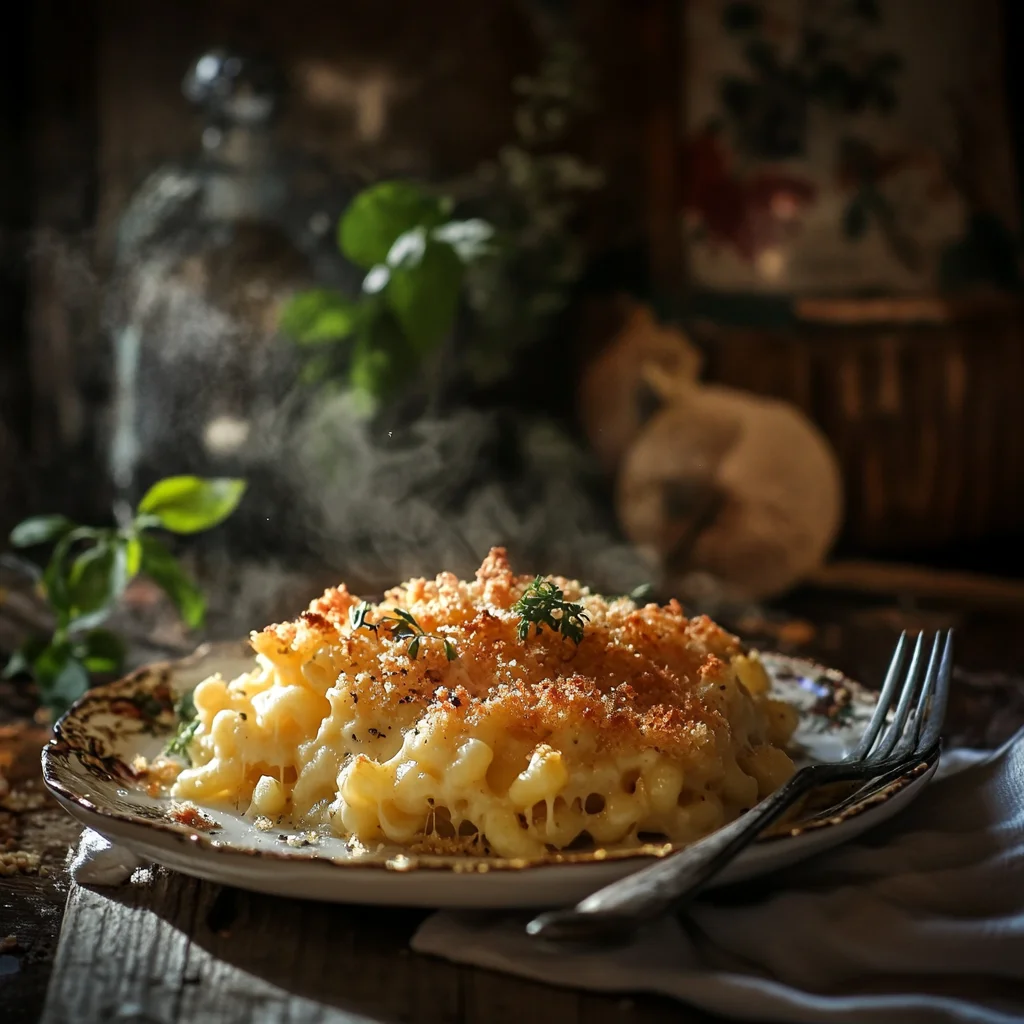 A golden, bubbling dish of old-fashioned baked macaroni and cheese with a crispy top, served in a rustic ceramic plate