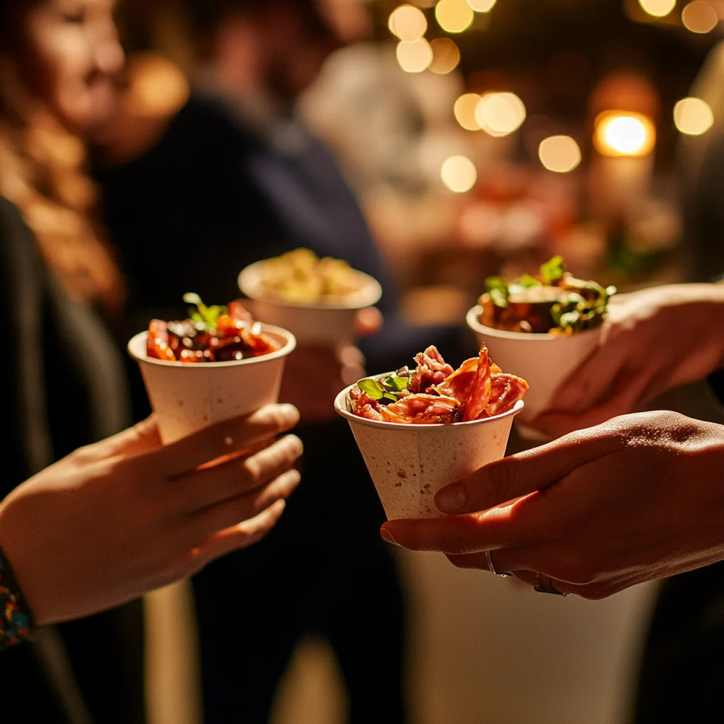 Guests enjoying individual charcuterie cups at a chic social gathering.