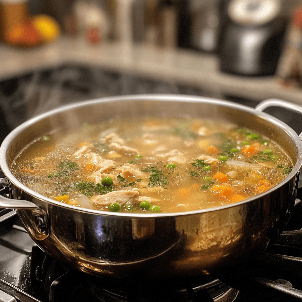 A large pot of chicken bone broth simmering on the stove, with steam rising and bones and vegetables visible inside