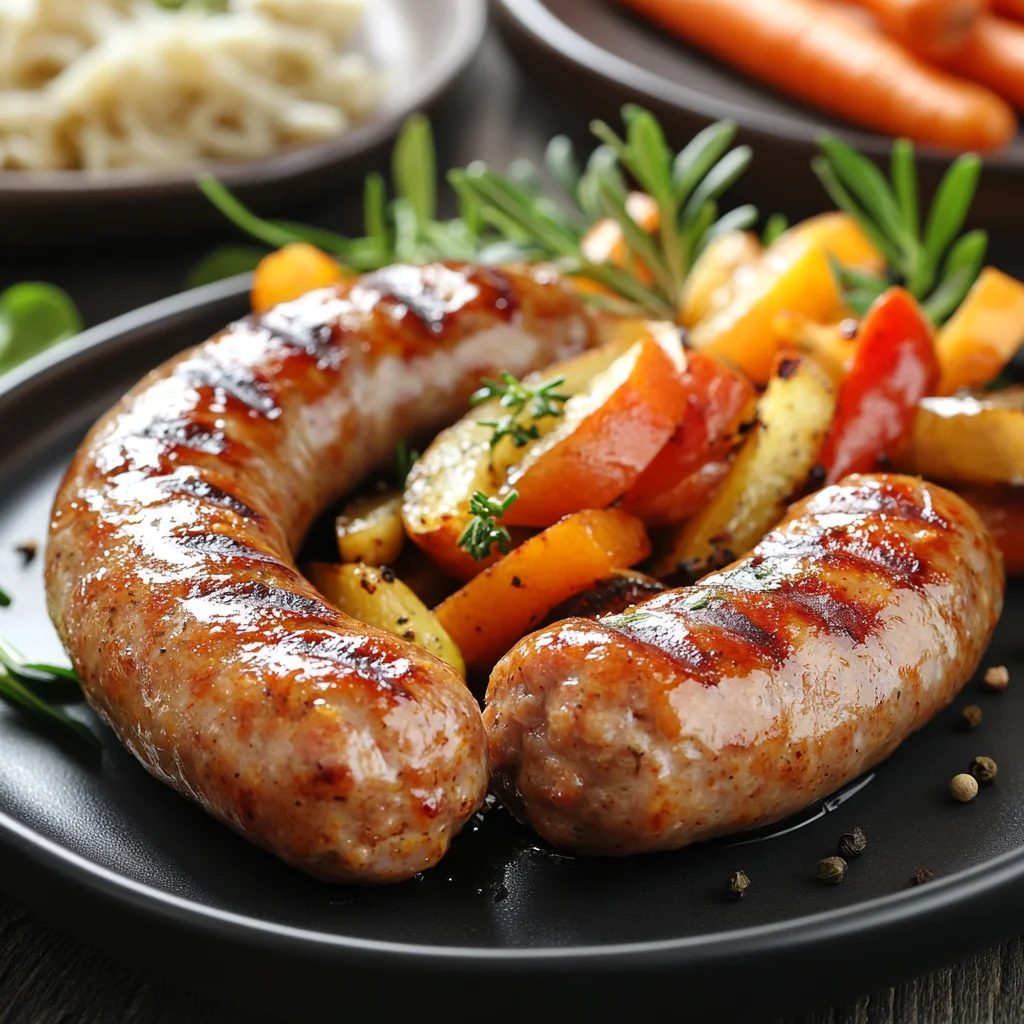 A plate of cooked chicken apple sausage served with a side of fresh vegetables, showcasing a healthy and wholesome meal.