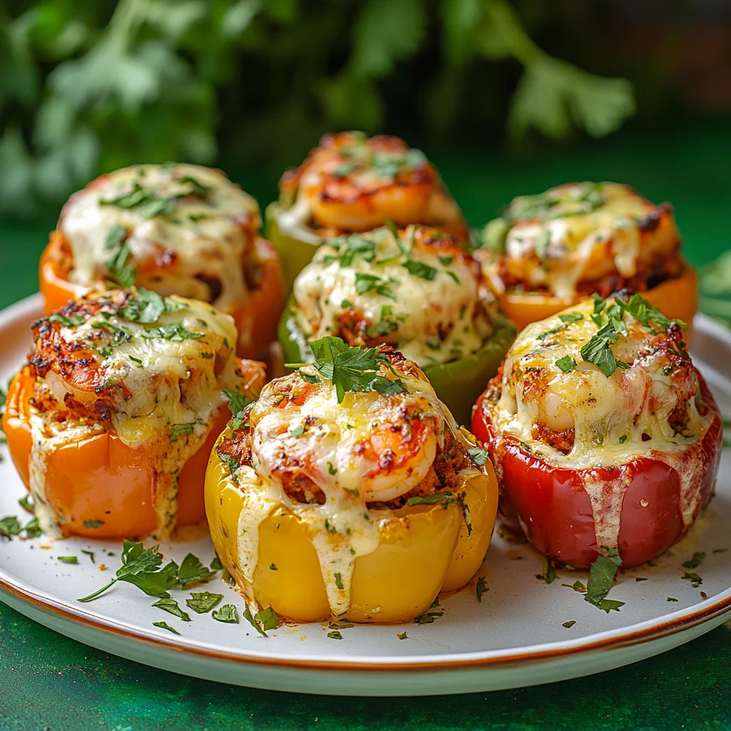 A plate of shrimp stuffed bell peppers with melted cheese on top, garnished with fresh herbs