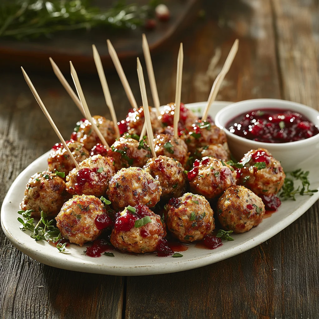 Platter of golden-brown cocktail meatballs with cranberry chili sauce, garnished with fresh herbs and served with toothpicks for easy serving, perfect for a party appetizer