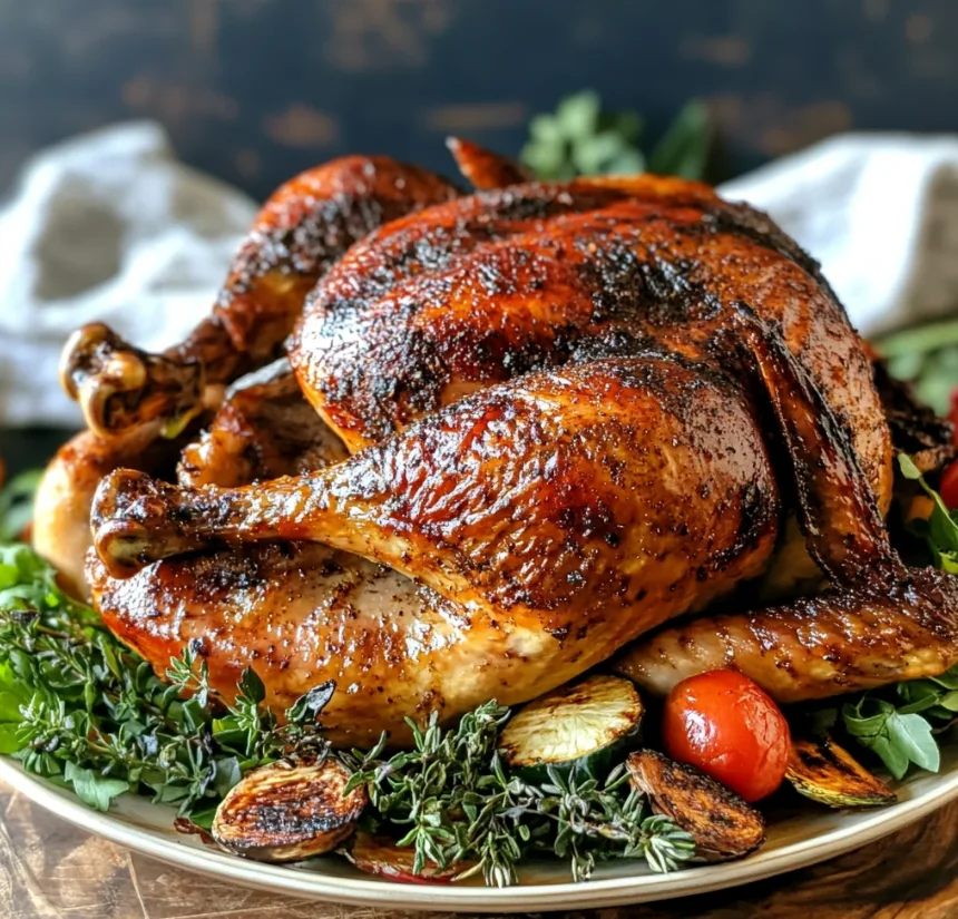 A smoked turkey with crispy, golden-brown skin resting on a wooden board, surrounded by fresh herbs and spices