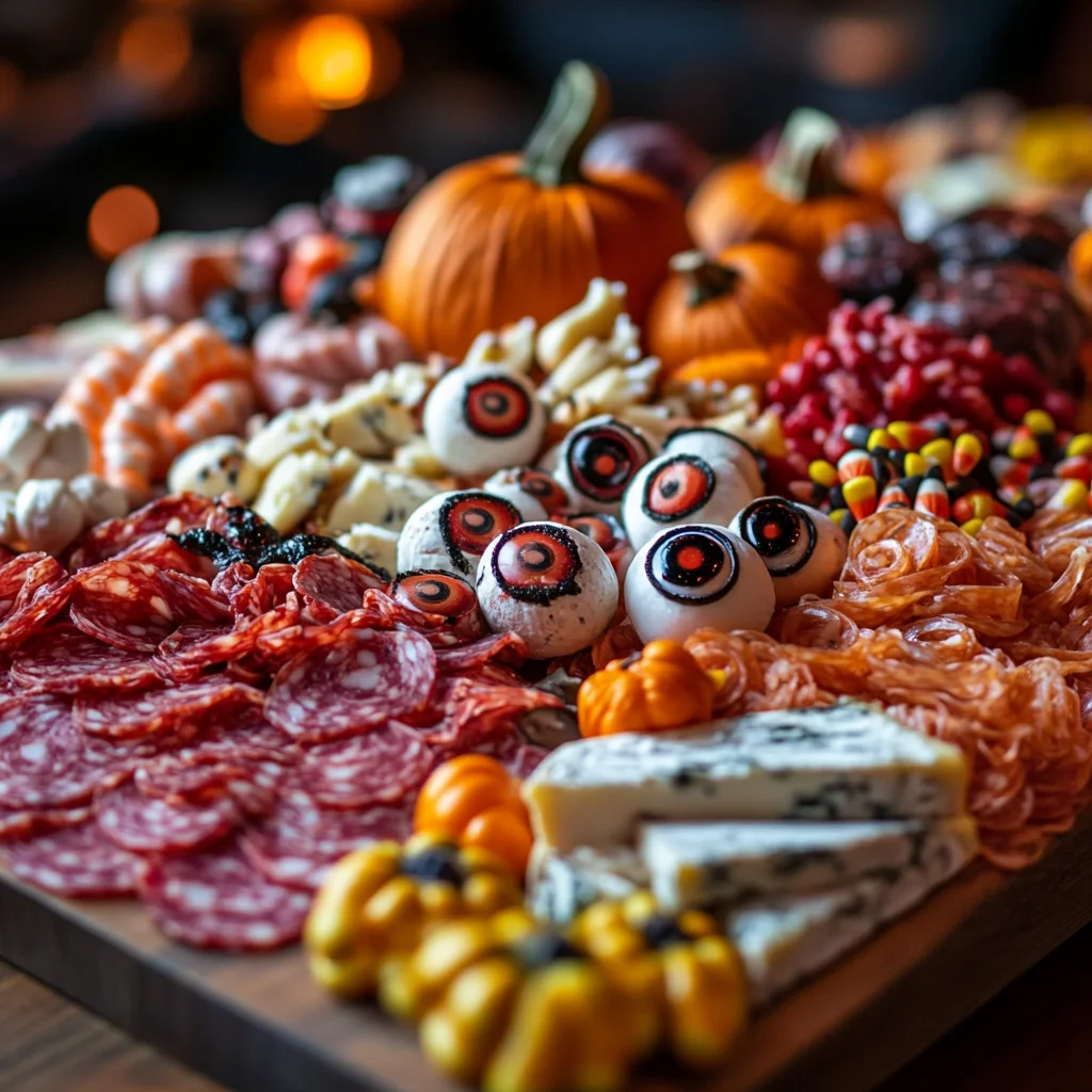 A spooky charcuterie board featuring a variety of cheeses, Halloween candies, fruits, and spooky garnishes, perfect for a festive Halloween gathering