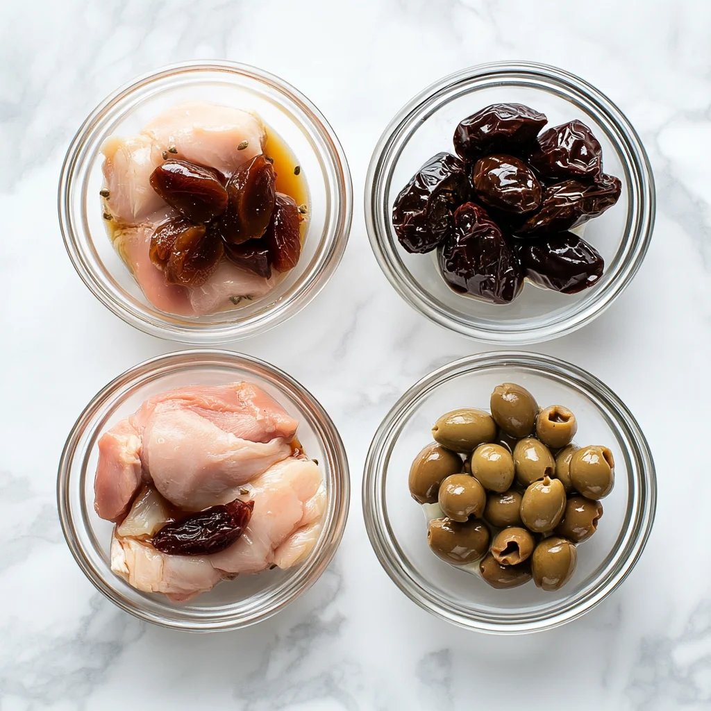 A step-by-step illustration of marinating chicken with garlic, oregano, prunes, olives, and capers in a glass bowl.