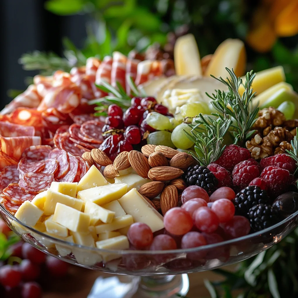 Stylish charcuterie cup with cheeses, meats, fruits, and nuts arranged elegantly