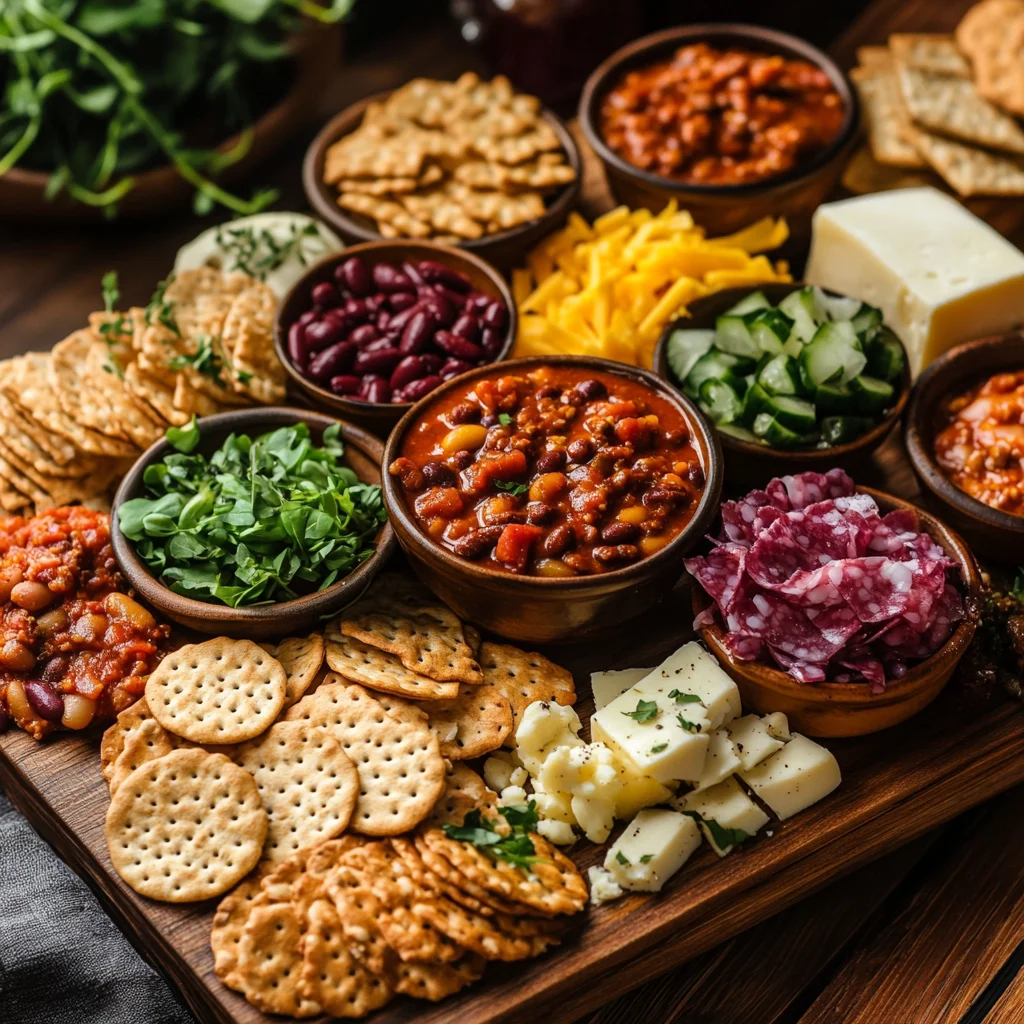 A vibrant chili charcuterie board with various chili options, toppings, crackers, and cheeses, arranged elegantly on a wooden board, with cozy background lighting