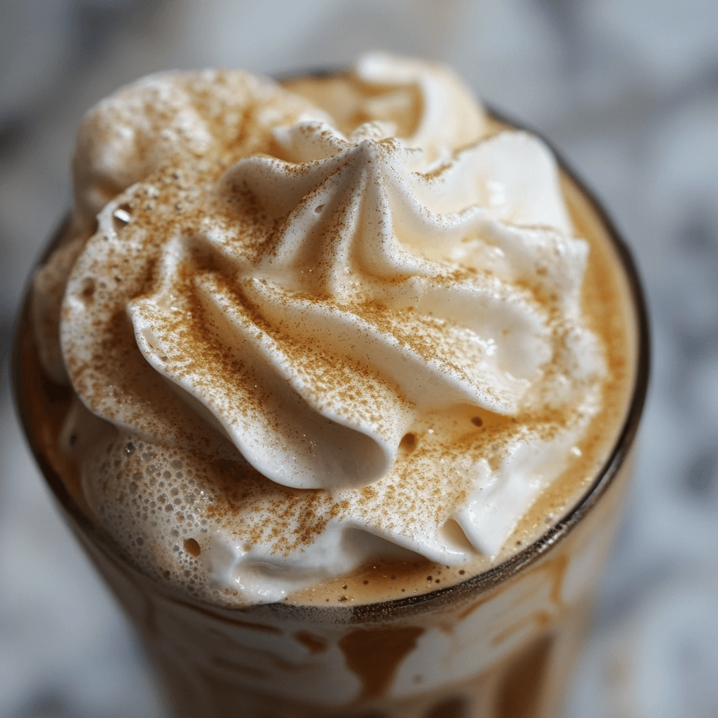 Dairy-free coconut whipped cream topping on an iced coffee, showcasing a vegan-friendly, creamy alternative to traditional coffee whipped cream