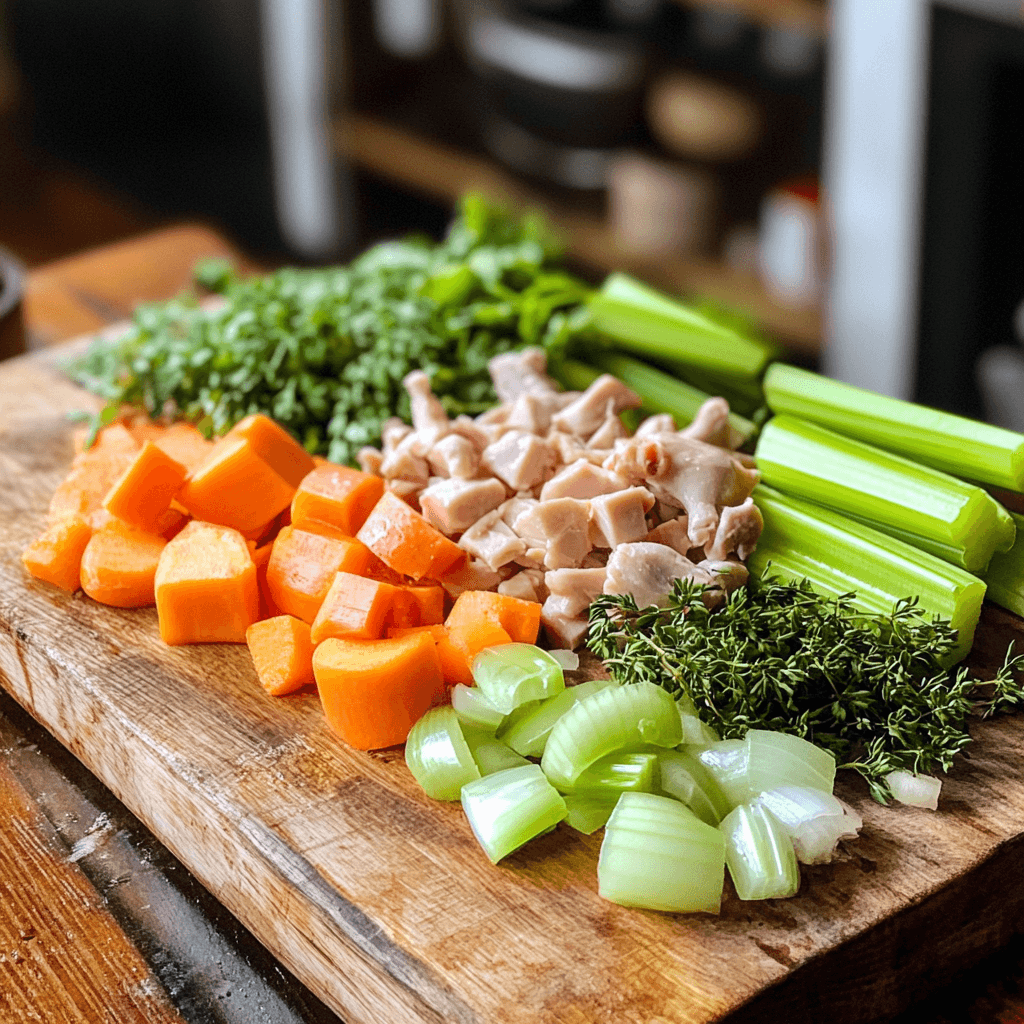 Fresh ingredients for making chicken bone broth soup, including chicken bones, carrots, onions, and celery on a wooden chopping board