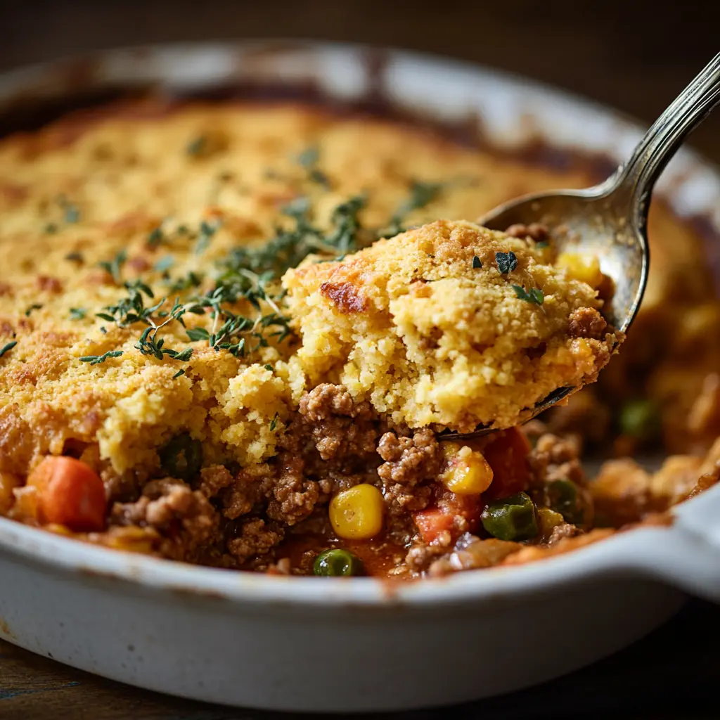 Close-up of golden cornbread topping being added to a casserole with ground meat and vegetables