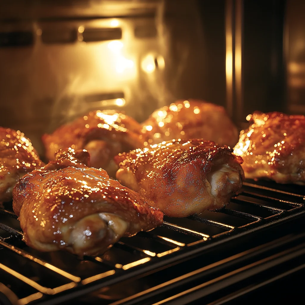 An oven with chicken thighs placed under the broiler and on a baking rack, demonstrating the contrasting cooking methods of baking and broiling