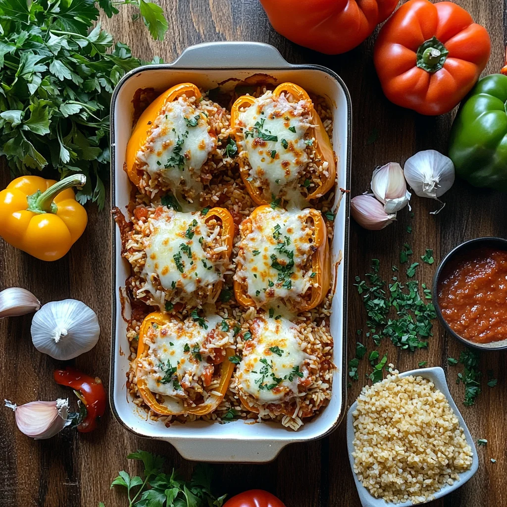 An overhead shot of a beautifully baked tray of stuffed bell peppers with melted cheese on top