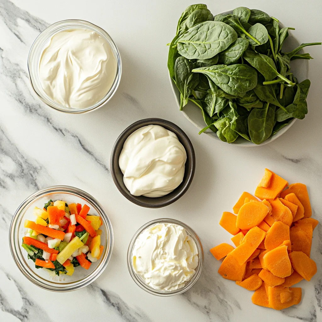 Ingredients for spinach dip with Knorr vegetable, including frozen spinach, sour cream, mayonnaise, and Knorr vegetable soup mix