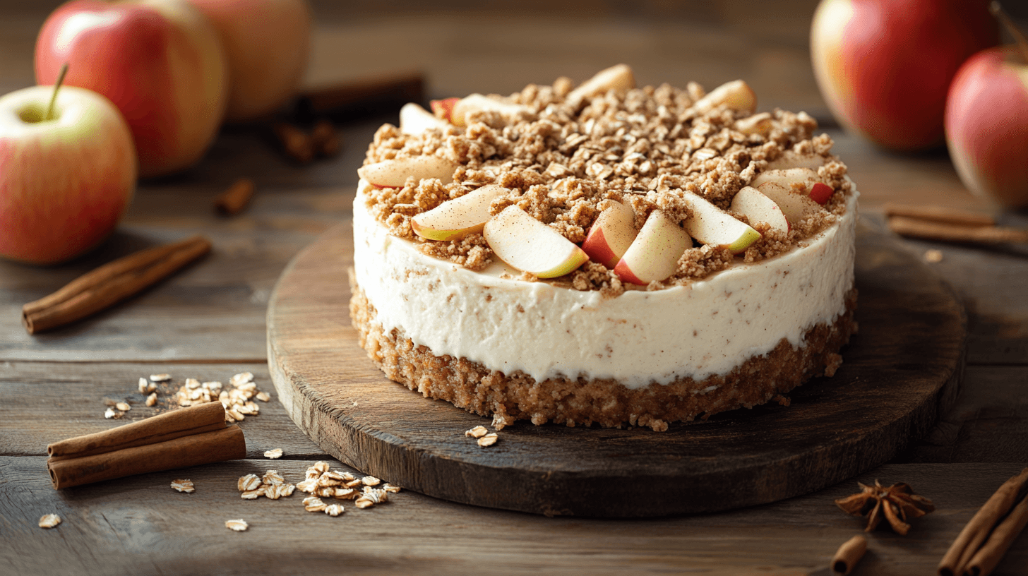 A beautifully styled apple crumble cheesecake with fresh apples and cinnamon on a rustic table.