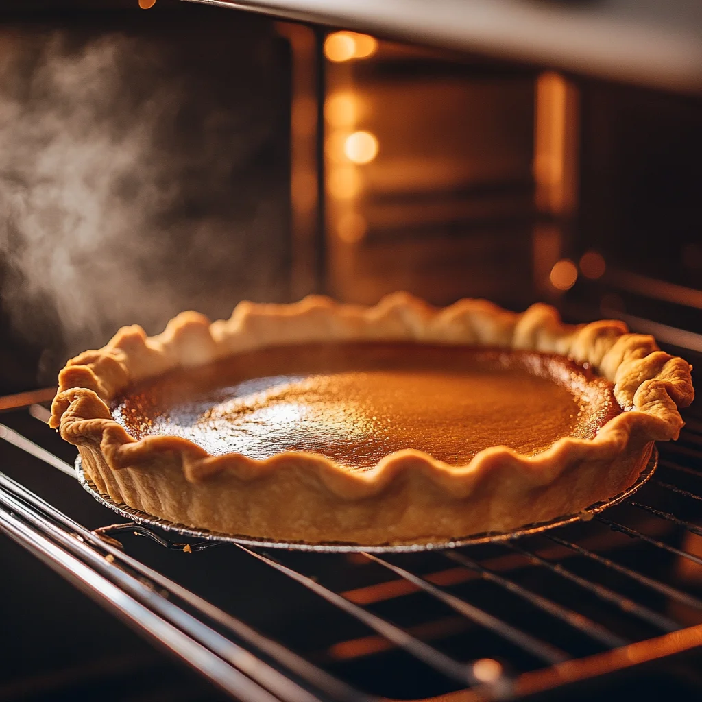 A golden-brown pumpkin pie being placed into a preheated oven, with a smooth and creamy filling. The kitchen setting evokes warmth and comfort