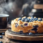 Blueberry sour cream coffee cake with crumb topping on a rustic wooden table, surrounded by fresh blueberries and a steaming cup of coffee