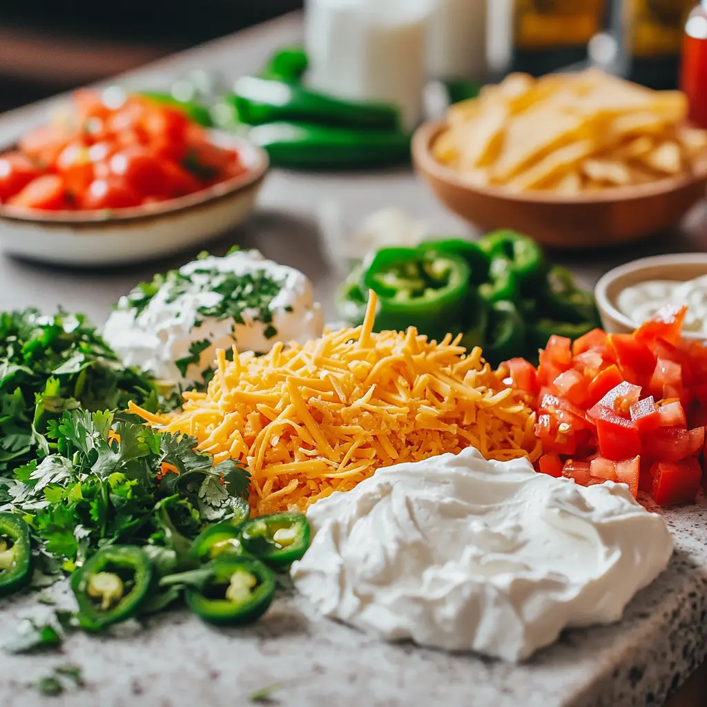 Close-up of Boat Dip ingredients: cream cheese, sour cream, shredded cheese, diced tomatoes, taco seasoning, jalapeños, and cilantro