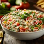 A vibrant bowl of Boat Dip with shredded cheese, diced tomatoes, and fresh cilantro, served with tortilla chips and vegetables