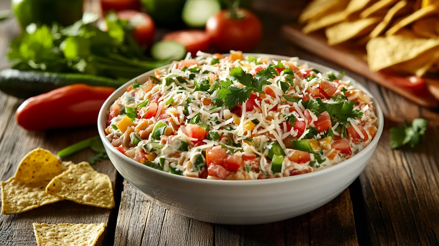 A vibrant bowl of Boat Dip with shredded cheese, diced tomatoes, and fresh cilantro, served with tortilla chips and vegetables