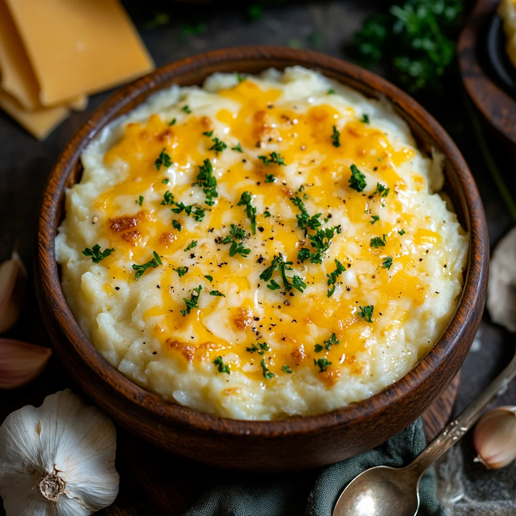 Bowl of cheesy garlic mashed potatoes with melted cheddar and garlic cloves