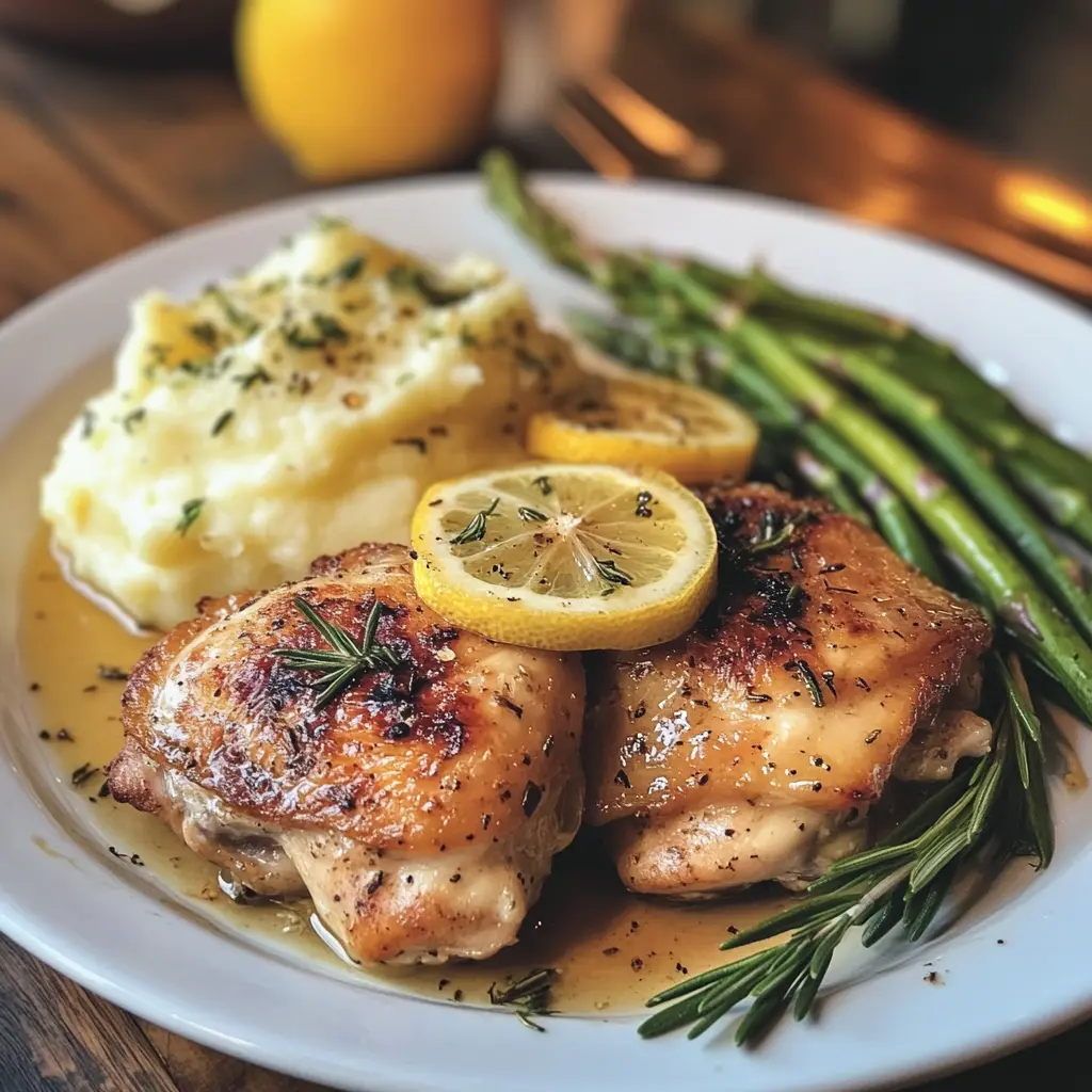 Broiled chicken thighs served with mashed potatoes, sautéed asparagus, and lemon, creating a delicious and balanced meal