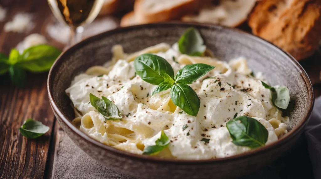 Delicious bowl of creamy burrata pasta topped with fresh basil, served on a rustic wooden table with a glass of wine and rustic bread in the background. A warm, cozy Italian dinner vibe