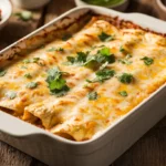 A casserole dish filled with golden, bubbly cheesy enchiladas, garnished with fresh cilantro, surrounded by Tex-Mex side dishes like guacamole and salsa on a rustic wooden table.