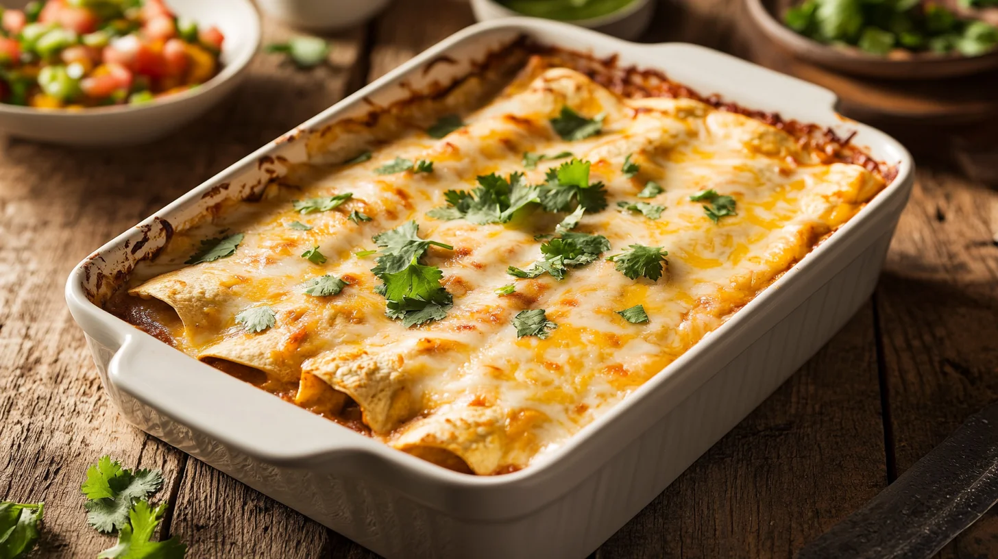 A casserole dish filled with golden, bubbly cheesy enchiladas, garnished with fresh cilantro, surrounded by Tex-Mex side dishes like guacamole and salsa on a rustic wooden table.