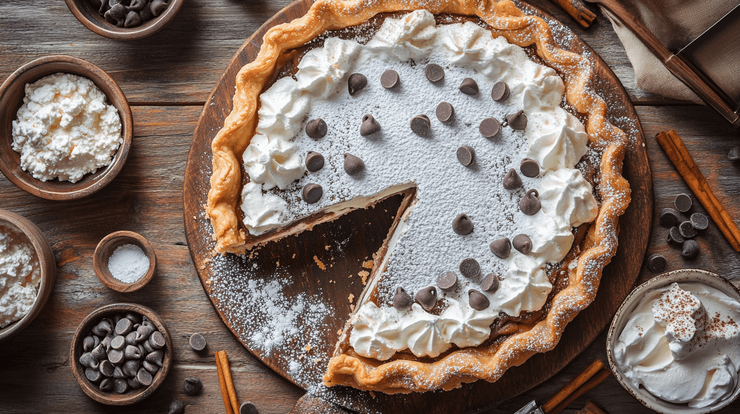 A whole Cannoli Pie with a slice cut out, showcasing creamy filling and chocolate chips on a rustic table.