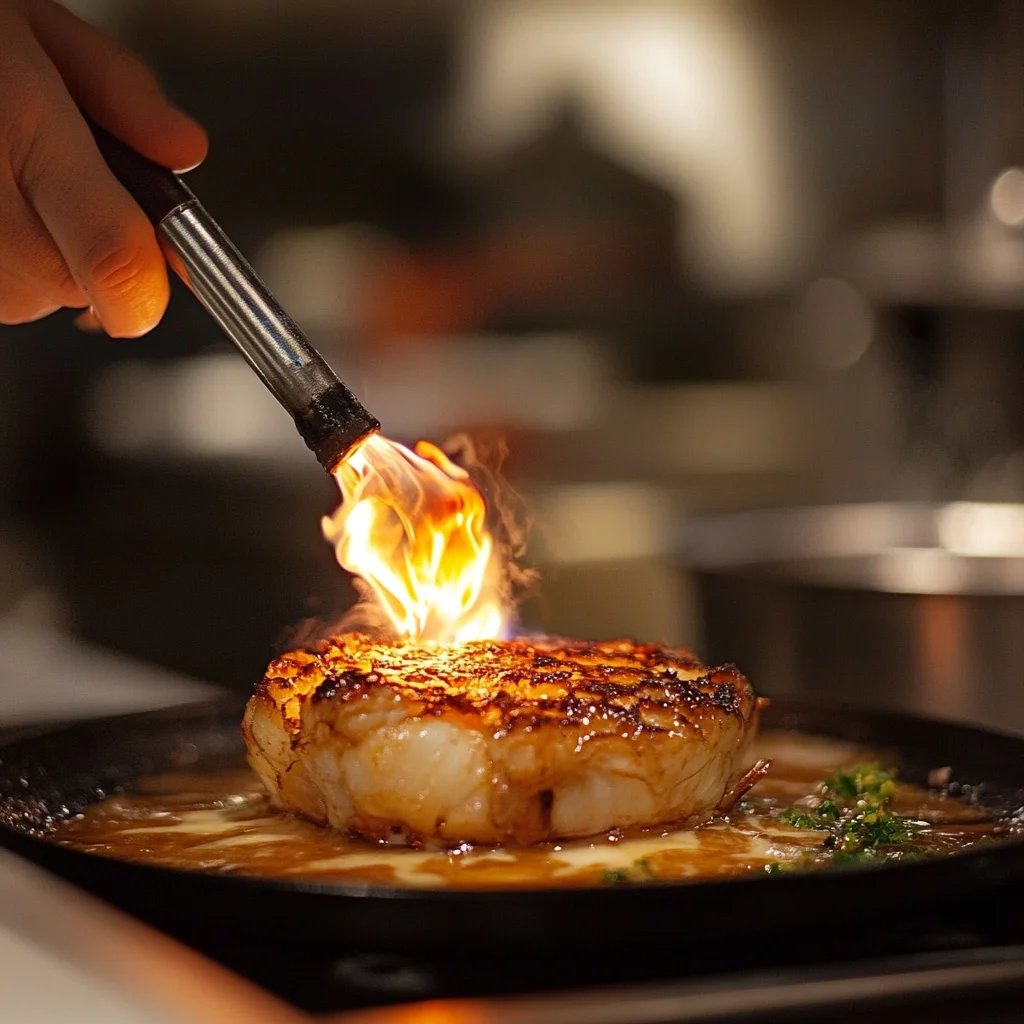 Chef using a kitchen torch to caramelize the sugar topping on a savory crab brûlée