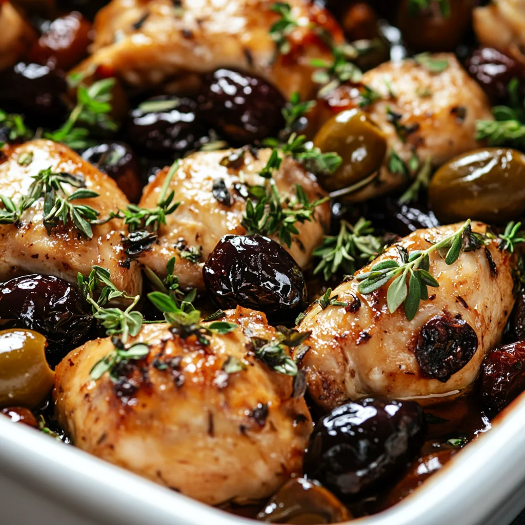 Close-up of Chicken Marbella being prepared: a baking dish filled with marinated chicken, olives, prunes, and aromatic herbs, ready to go into the oven