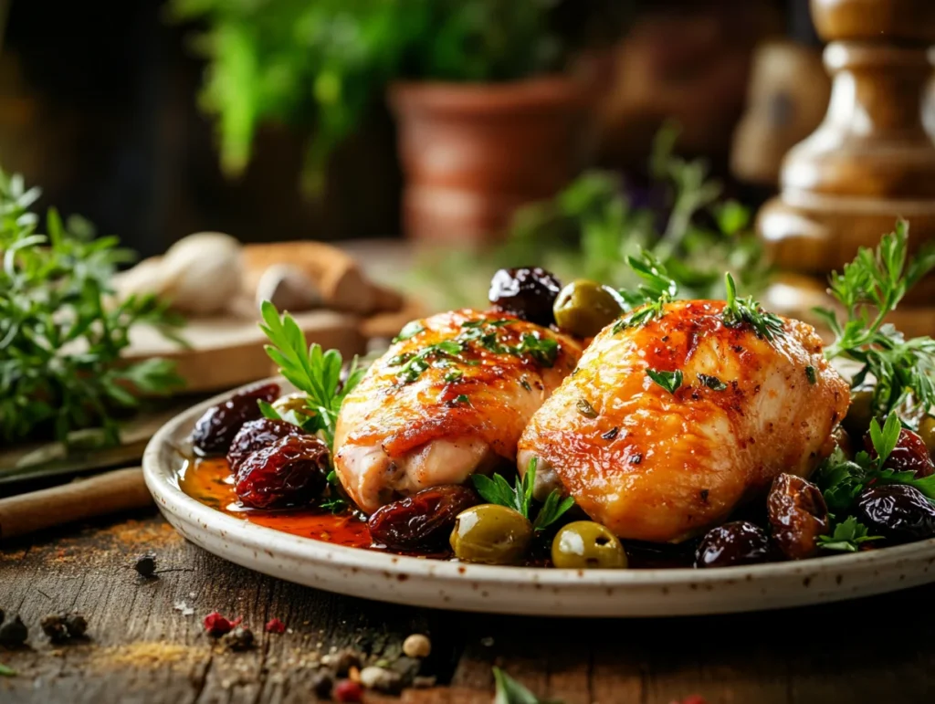 A beautifully arranged plate of Chicken Marbella with golden roasted chicken thighs, glistening prunes, olives, and capers garnished with fresh herbs, set against a rustic Mediterranean kitchen background